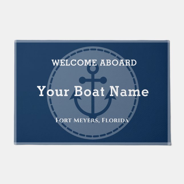 Navy Blue Welcome Aboard Boat Name Doormat (Front)