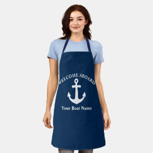 Navy Blue Welcome Aboard Boat Name Nautical Anchor Apron