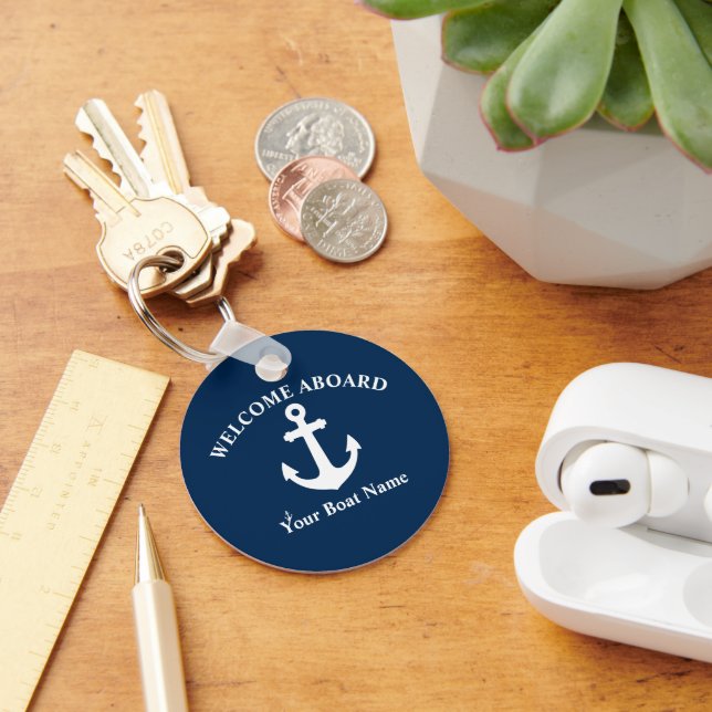 Navy Blue Welcome Aboard Boat Name Nautical Anchor Key Ring (Desk)