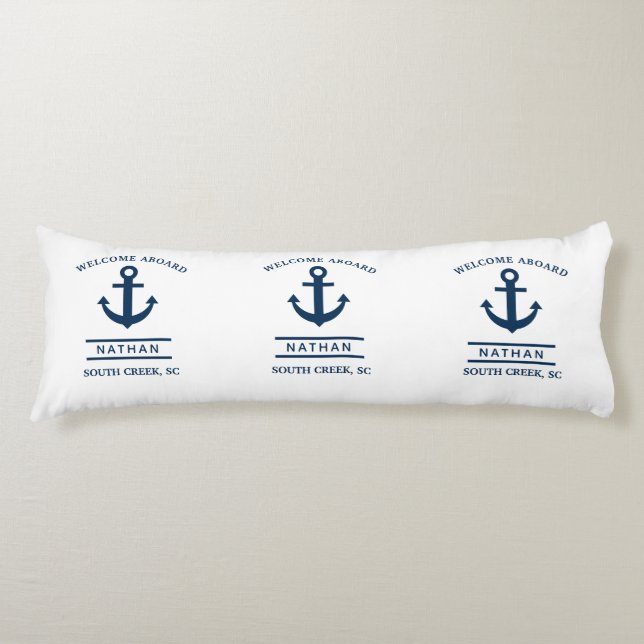 Navy Blue Welcome Aboard Custom Monogram Name  Body Cushion (Front)