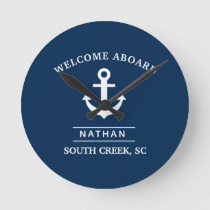 Navy Blue Welcome Aboard Custom Monogram Name Round Clock