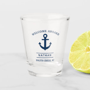 Navy Blue Welcome Aboard Custom Monogram Name  Shot Glass