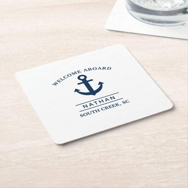 Navy Blue Welcome Aboard Custom Monogram Name  Square Paper Coaster (Angled)