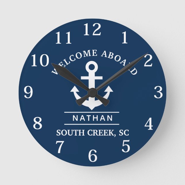 Navy Blue Welcome Aboard Custom Name  Round Clock (Front)