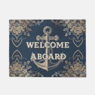 Navy Blue Welcome Aboard William Morris floral Doormat