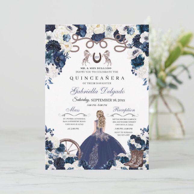 Navy Blue Western Charra Girl Ranchero Quinceanera Invitation (Standing Front)