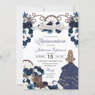 Navy Blue Western Ranchero Quinceanera Invitation