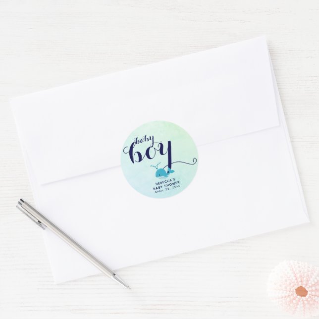 Navy blue  whale baby ocean baby boy shower classic round sticker (Envelope)