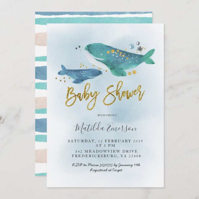 Navy Blue Whale Baby Shower Invitation (Front/Back)