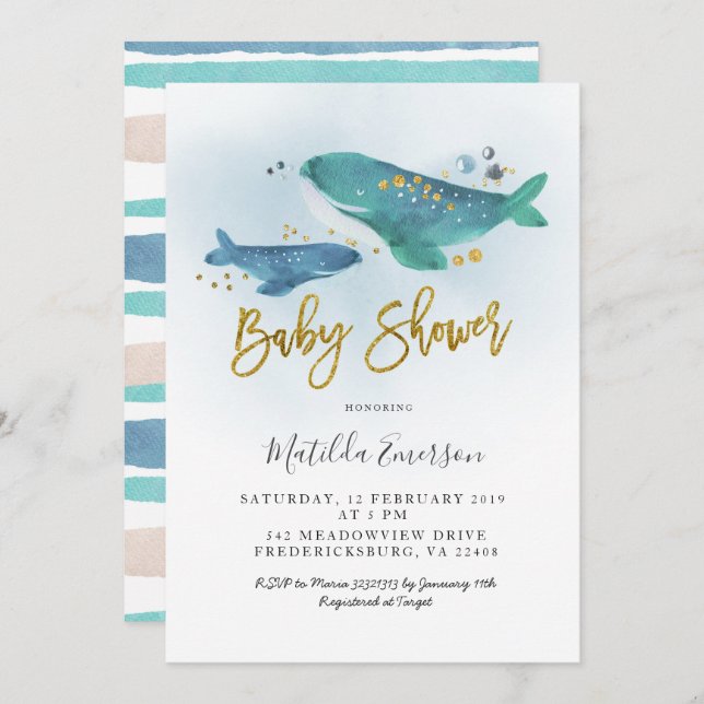 Navy Blue Whale Baby Shower Invitation (Front/Back)