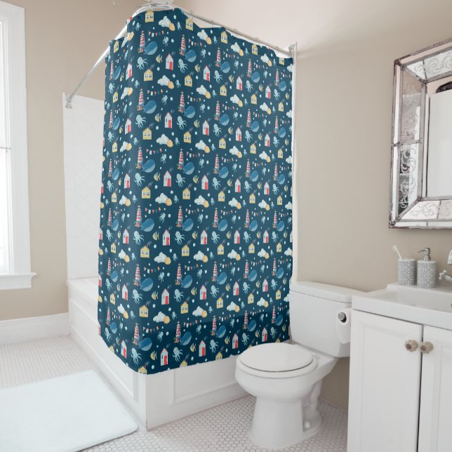 Navy Blue Whale Nautical Shower Curtain (In Situ)