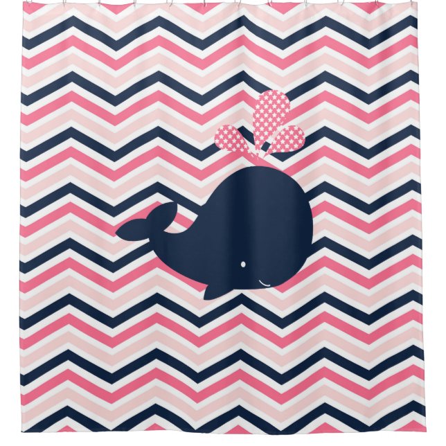 Navy Blue Whale on Pink, Navy Chevron Stripes Shower Curtain (Front)