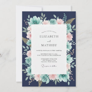Navy Blue Whimsical Botanical Wedding Invitation