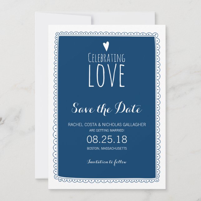 Navy Blue Whimsical Doodle Frame Save the Date Invitation (Front)