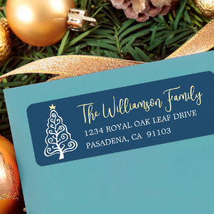 Navy Blue Whimsical Playful Christmas Tree Script Return Address Label