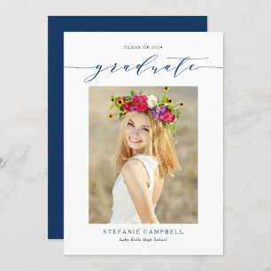 Navy Blue Whimsical Script 2023 Photo Graduation Invitation