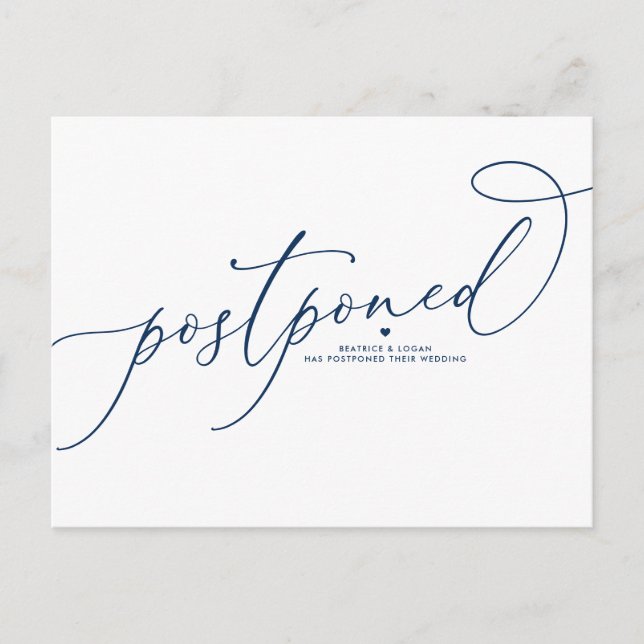 Navy Blue Whimsical Script Postponed Wedding Announcement Postcard (Front)