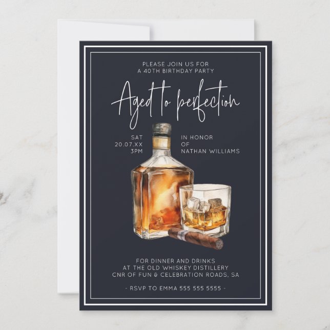 Navy Blue Whiskey Bottle Birthday Invitation  (Front)