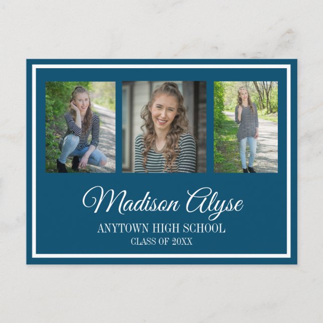 Navy Blue White 3 Photo Graduation Announcement (Front)