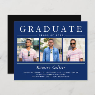 Navy Blue White 3 Photo Graduation Invitations