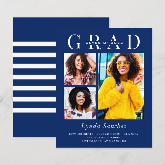 Navy Blue White 3 Photo Graduation Invitations (Front/Back)
