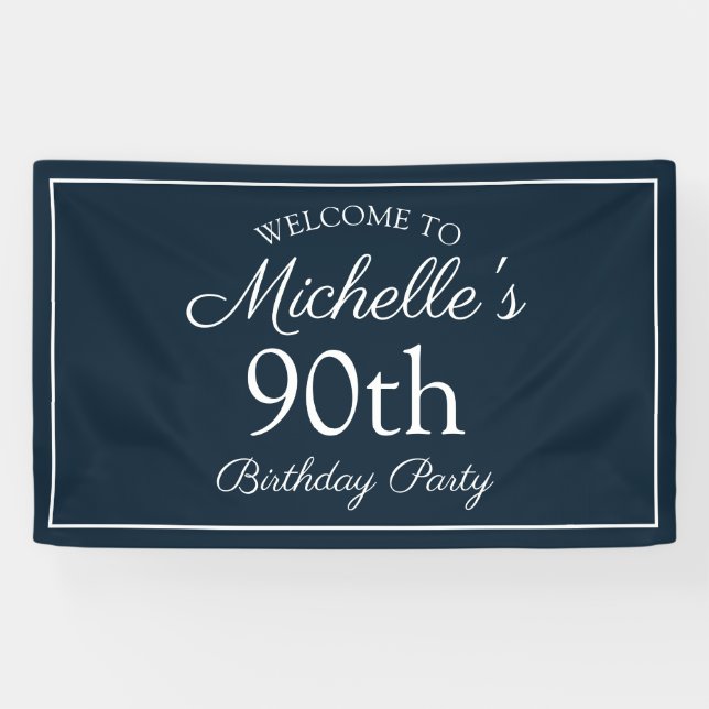 Navy Blue White 90th Birthday Party Banner (Horizontal)
