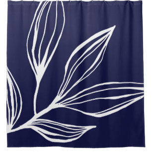 Navy Blue & White Abstract Plant Shower Curtain