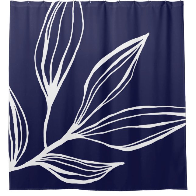 Navy Blue & White Abstract Plant Shower Curtain (Front)
