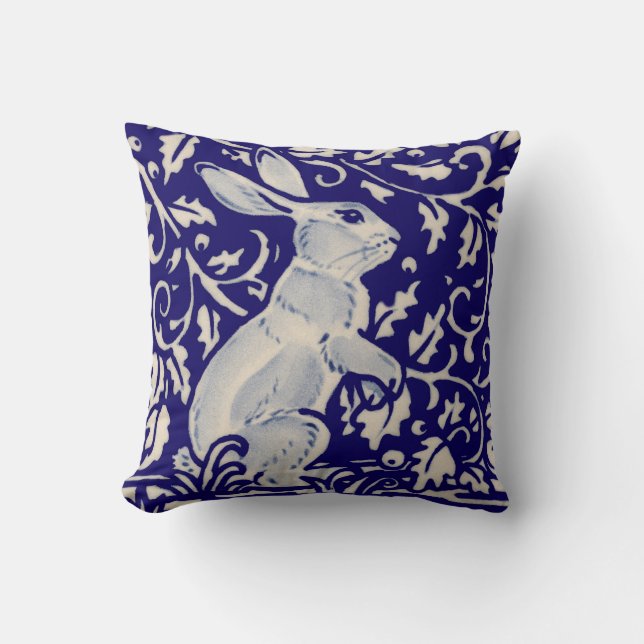 Navy Blue White Alert Rabbit Hare Chinoiserie Art Cushion (Front)