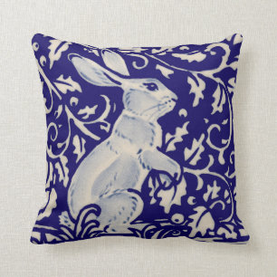Navy Blue White Alert Rabbit Hare Chinoiserie Art Cushion