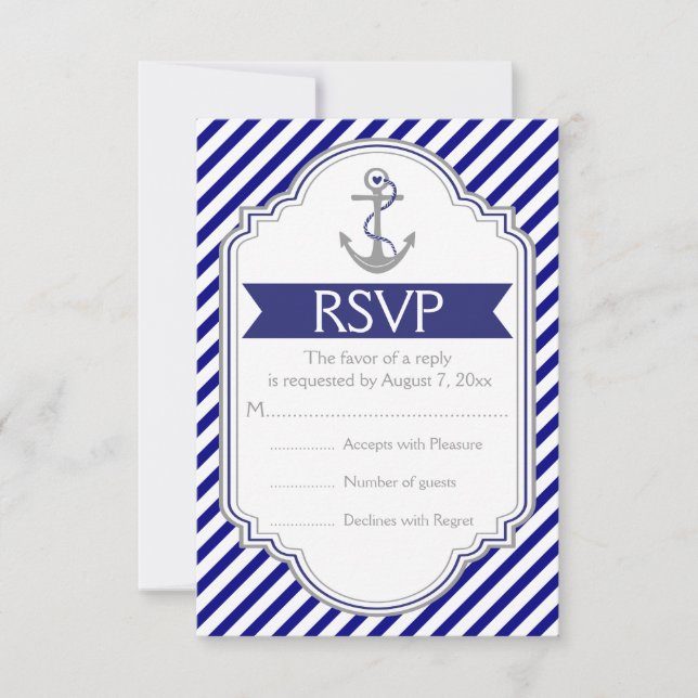 Navy blue, white anchor nautical wedding RSVP (Front)