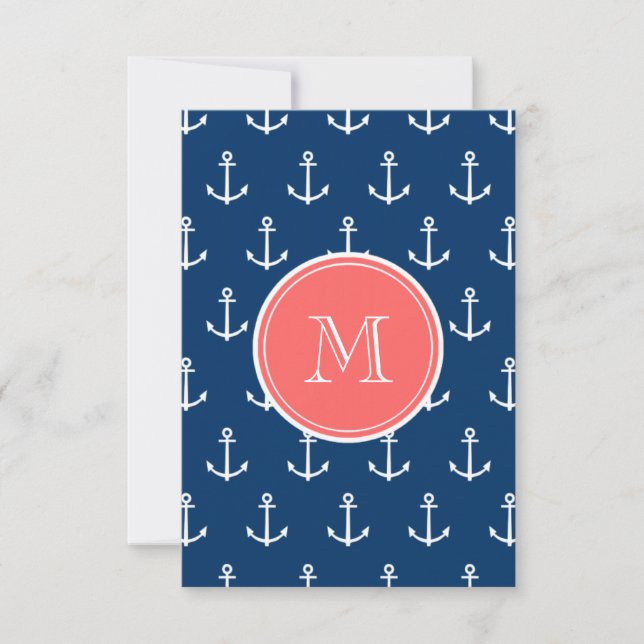 Navy Blue White Anchors Pattern, Coral Monogram (Front)