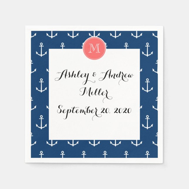 Navy Blue White Anchors Pattern, Coral Monogram Napkin (Front)