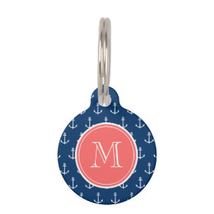 Navy Blue White Anchors Pattern, Coral Monogram Pet Tag