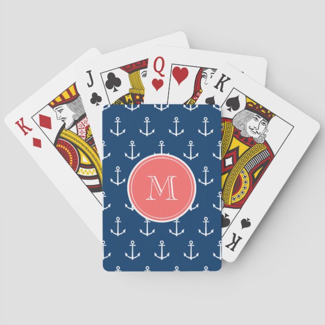 Navy Blue White Anchors Pattern, Coral Monogram Playing Cards (Back)