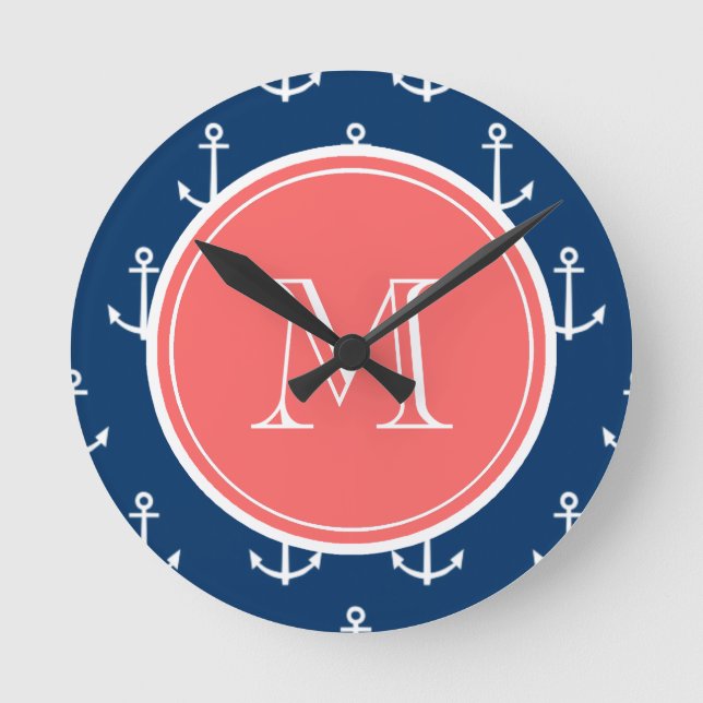 Navy Blue White Anchors Pattern, Coral Monogram Round Clock (Front)