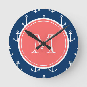 Navy Blue White Anchors Pattern, Coral Monogram Round Clock