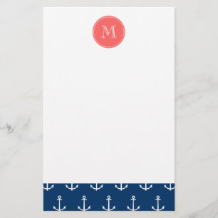 Navy Blue White Anchors Pattern, Coral Monogram Stationery