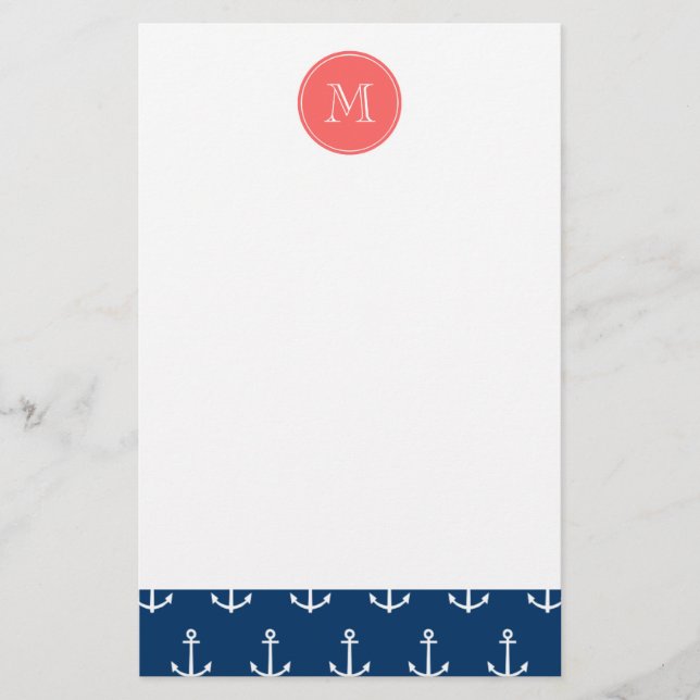 Navy Blue White Anchors Pattern, Coral Monogram Stationery (Front)