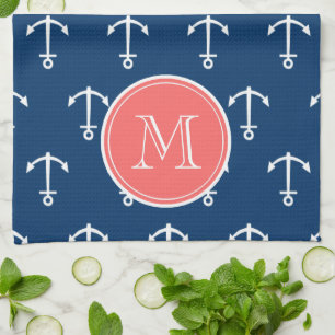 Navy Blue White Anchors Pattern, Coral Monogram Tea Towel