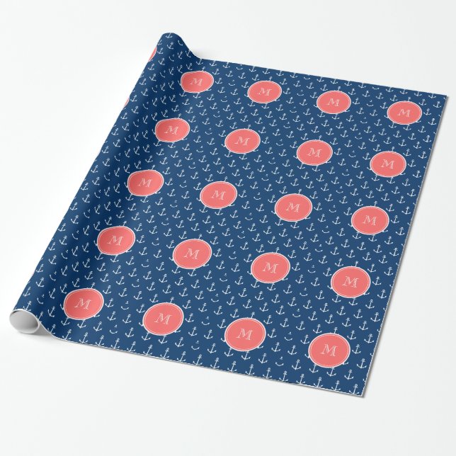 Navy Blue White Anchors Pattern, Coral Monogram Wrapping Paper (Unrolled)