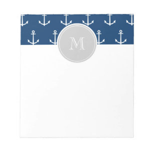 Navy Blue White Anchors Pattern, Grey Monogram Notepad