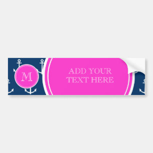 Navy Blue White Anchors Pattern, Hot Pink Monogram Bumper Sticker