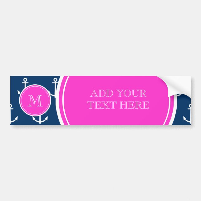 Navy Blue White Anchors Pattern, Hot Pink Monogram Bumper Sticker (Front)