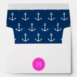 Navy Blue White Anchors Pattern, Hot Pink Monogram Envelope