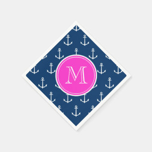 Navy Blue White Anchors Pattern, Hot Pink Monogram Napkin