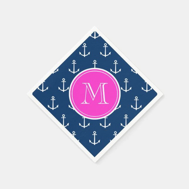 Navy Blue White Anchors Pattern, Hot Pink Monogram Napkin (Corner)