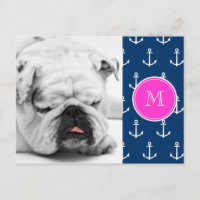 Navy Blue White Anchors Pattern, Hot Pink Monogram