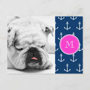 Navy Blue White Anchors Pattern, Hot Pink Monogram Postcard