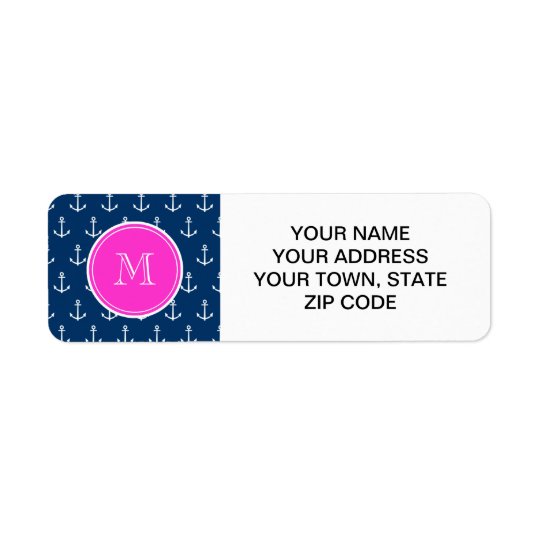 Navy Blue White Anchors Pattern, Hot Pink Monogram Return Address Label